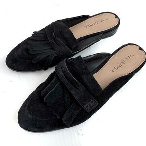 Via Spiga Black Suede Mules with Fringe Detail
